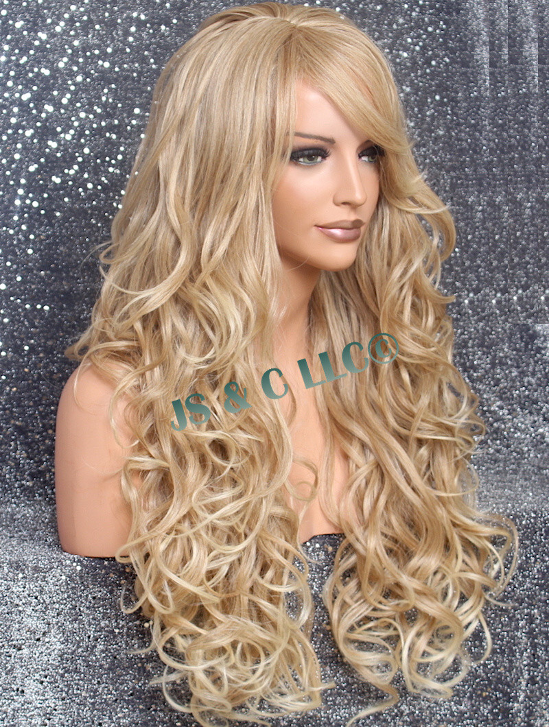 Human Hair Blend Wig Heat OK Curly Long Blonde mix Bangs Layered 27-613 NWT WBBT