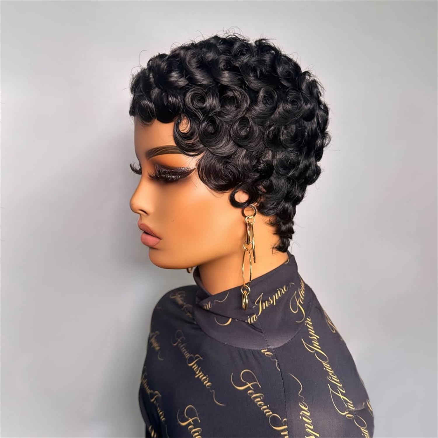 Black Women Human Hair Wigs 1B Color Curly Pixie Cut Finger Wave Style Short