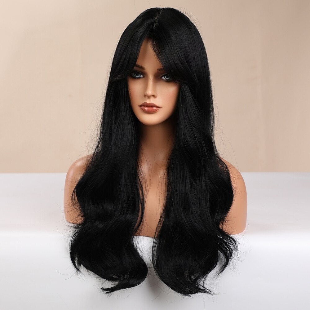 Black Natural Long Wavy Cosplay Wigs With Bangs Heat Resistant Hair Women