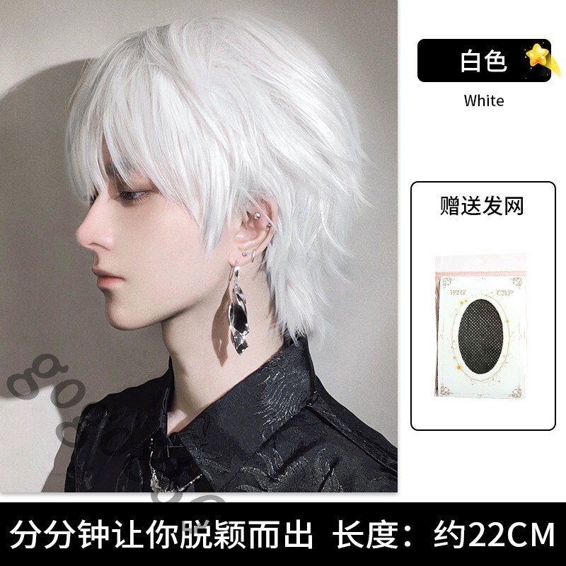 Harajuku Japanese Fluffy Kakkoii White Short Hair Boys Men Cosplay Wig Gift #D