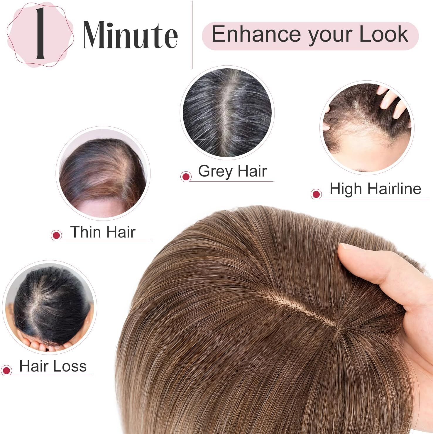 Topper Hairpiece Clip In 100% AS Human Hair Silk Base Toupee Natural Wig Women