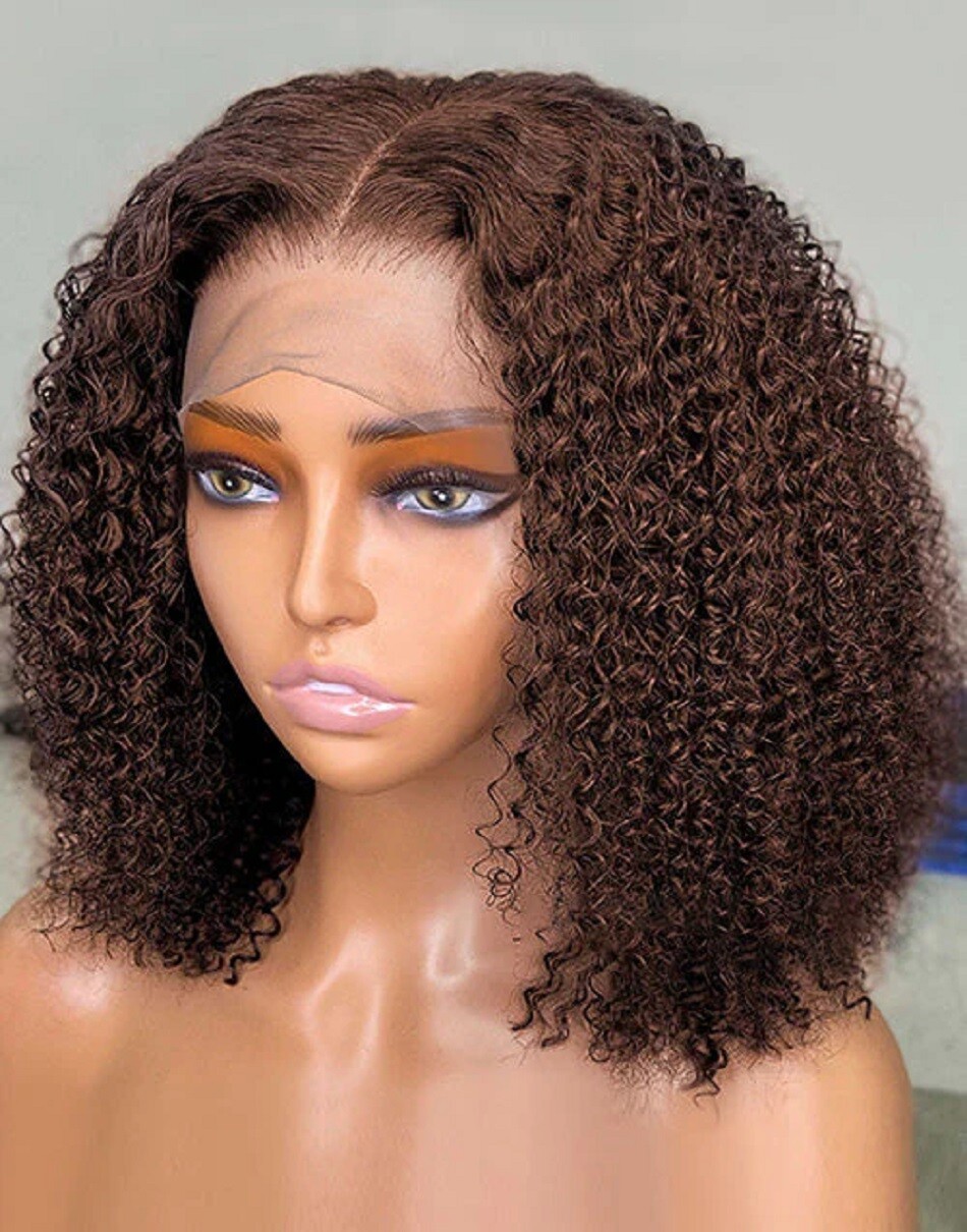 Chocolate Brown Curly 13X4 Lace Front Human Hair Wigs 4X4 Lace Closure Bob Wig