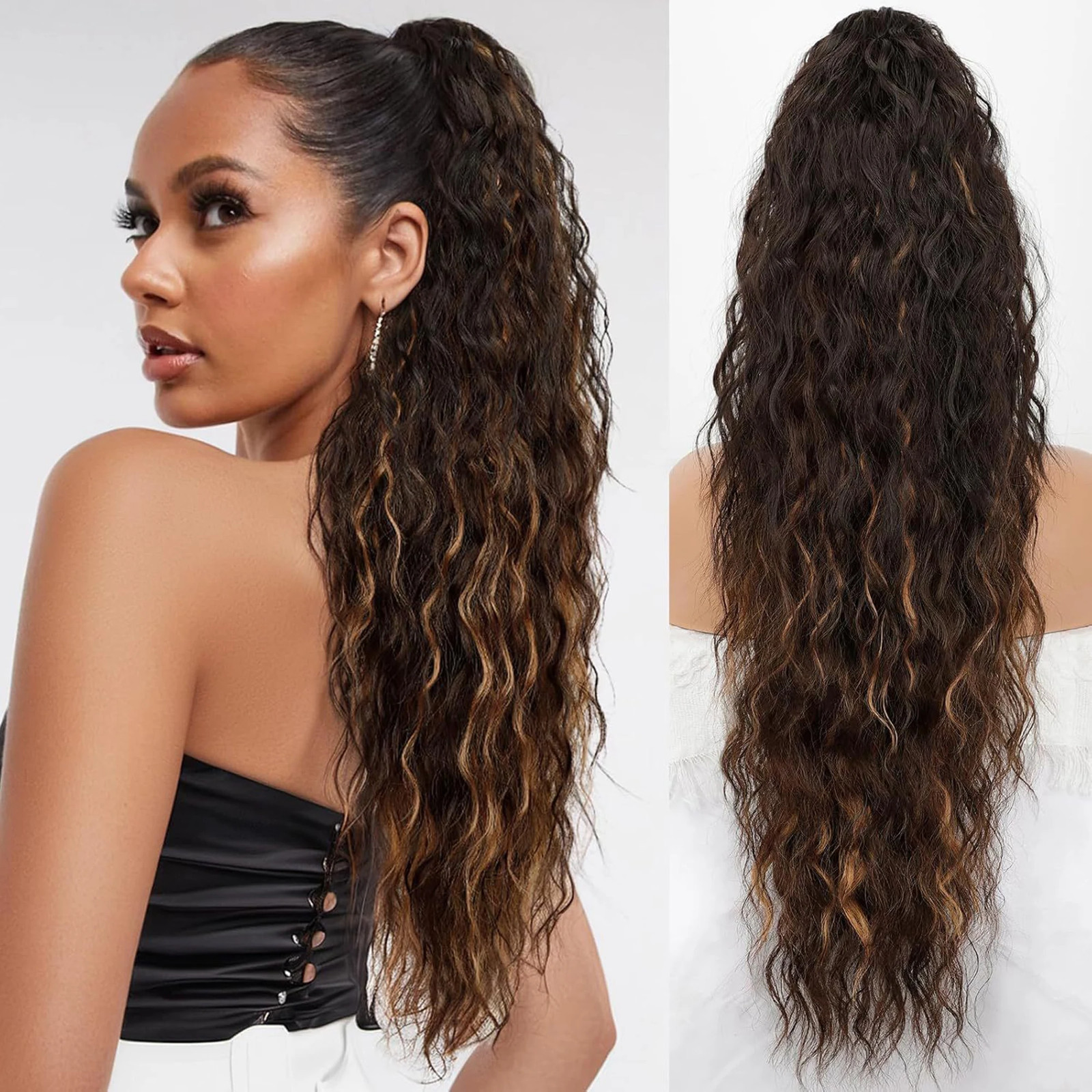 Black Brown Long Wavy Curly Synthetic Claw Clip In Ponytail Fake Hair Extension
