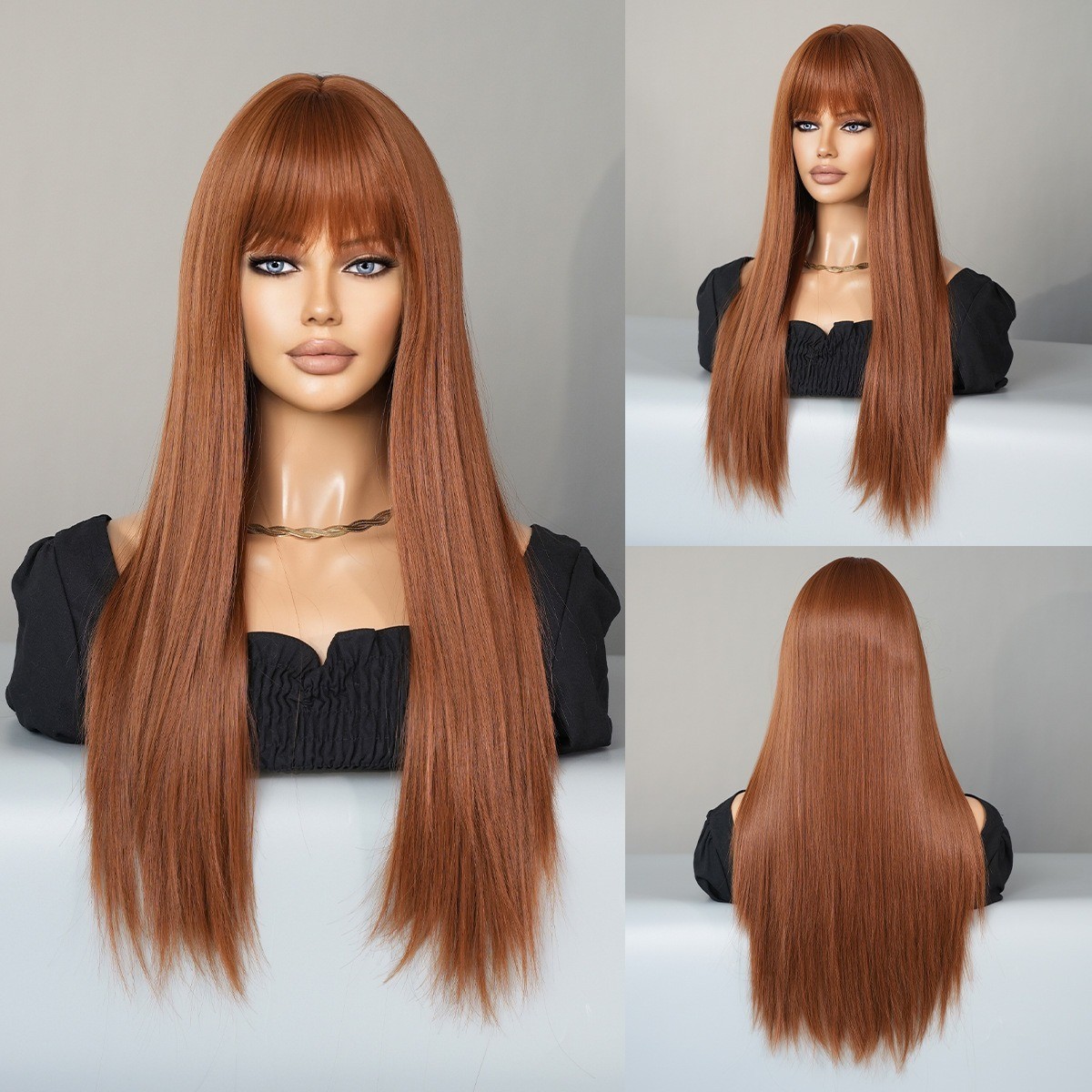 Long Straight Ginger Wig with Bangs for Women Synthetic Hair