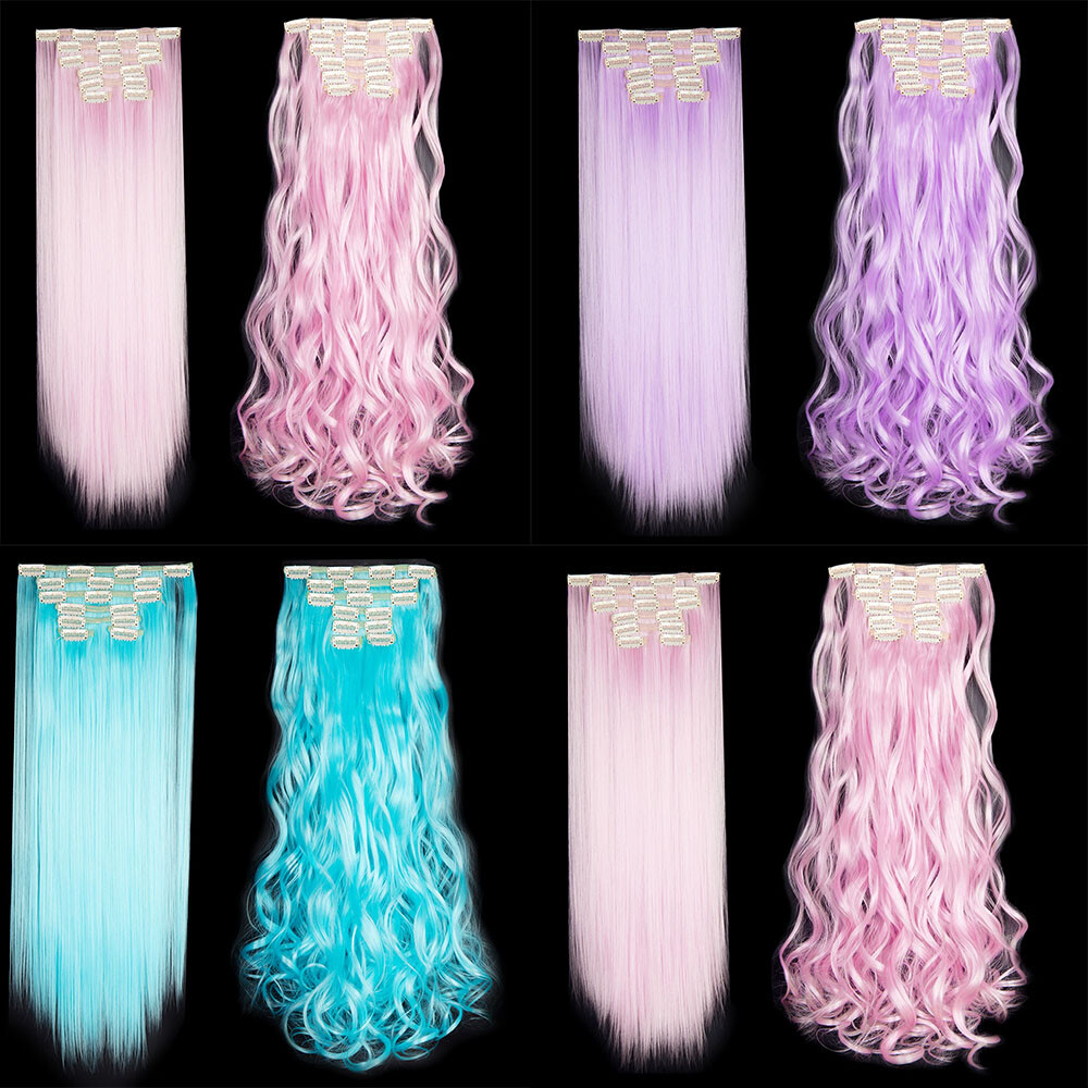 USA 7pcs Thick Synthetic Clip In Wavy Curly Straight Hair Extensions Full Head