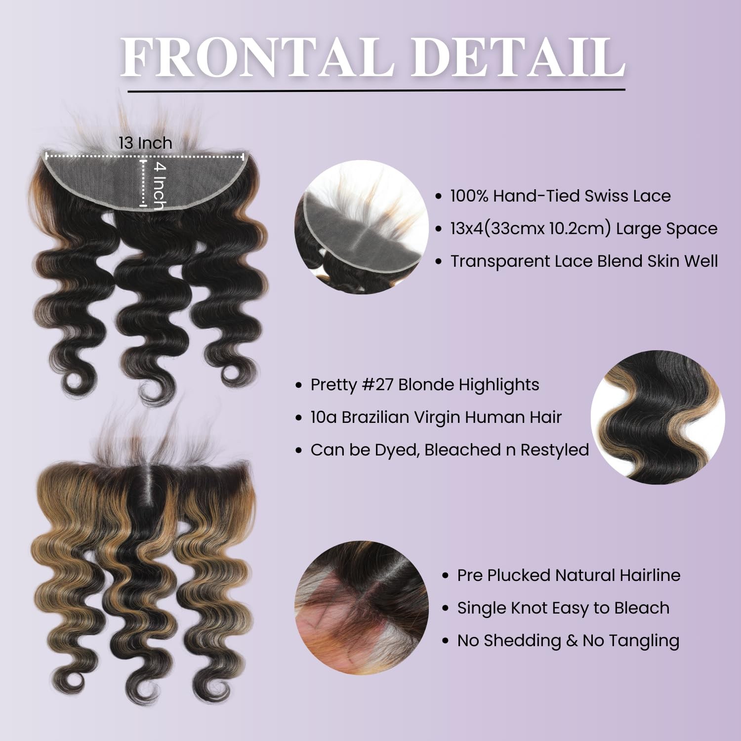 Auroo 13X4 Honey Blonde Highlight Frontal Closure Only Human Hair Body Wave 12A