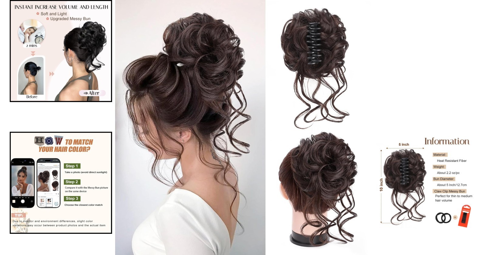 Secure Claw Clip Messy Bun Extensions – Soft Wavy Curly Hair Piece in Dark Brown