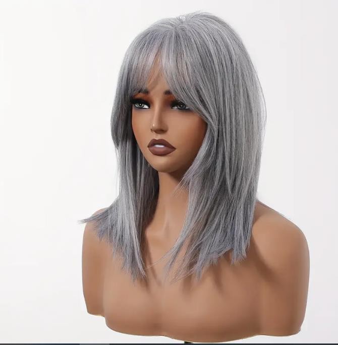 12″ Short Wavy Straight Grey Hair Wigs for Women Synthetic Heat Resistant Wigs