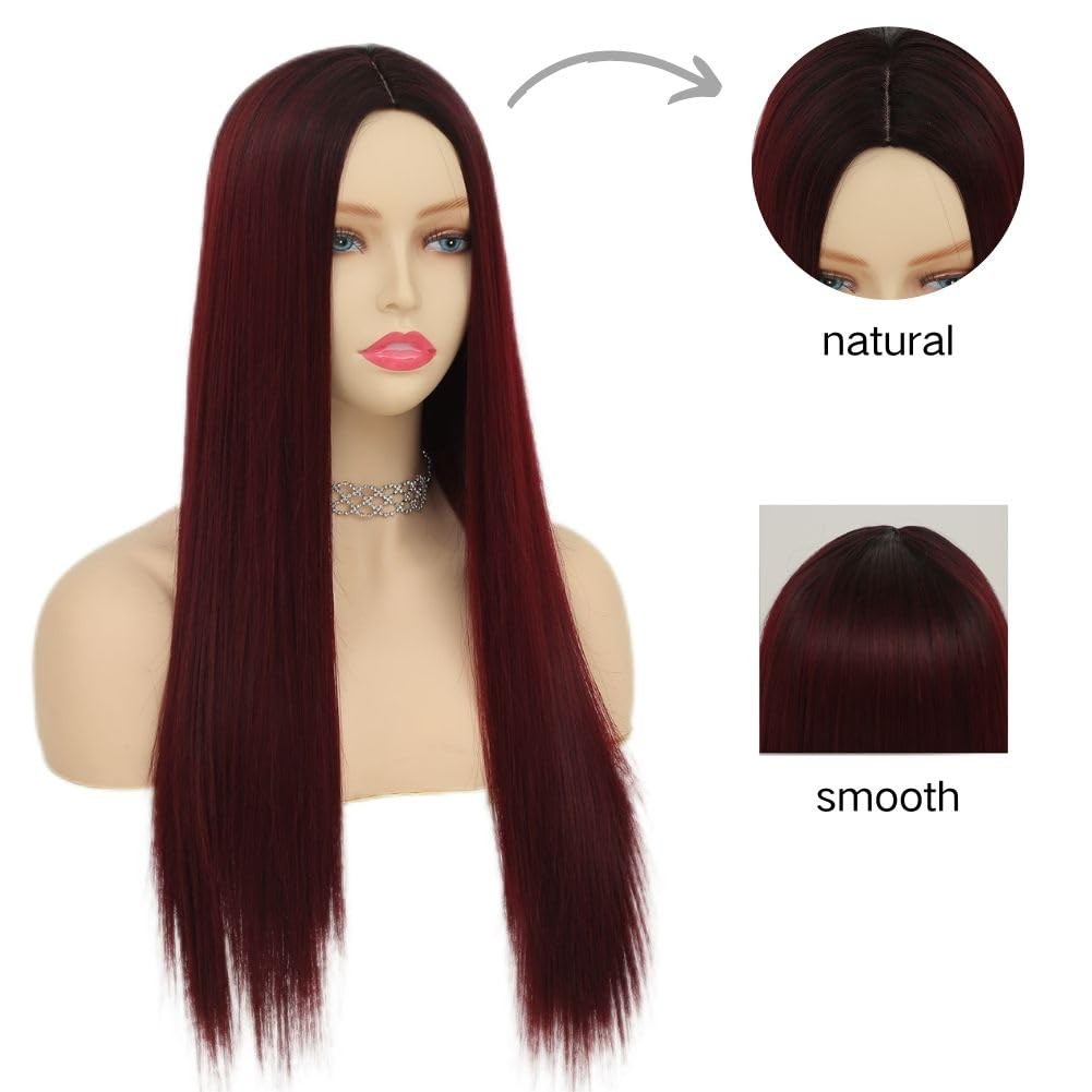 Red Long Straight Wigs for Women Dark Roots Burgundy Wig Halloween Daily Synt…