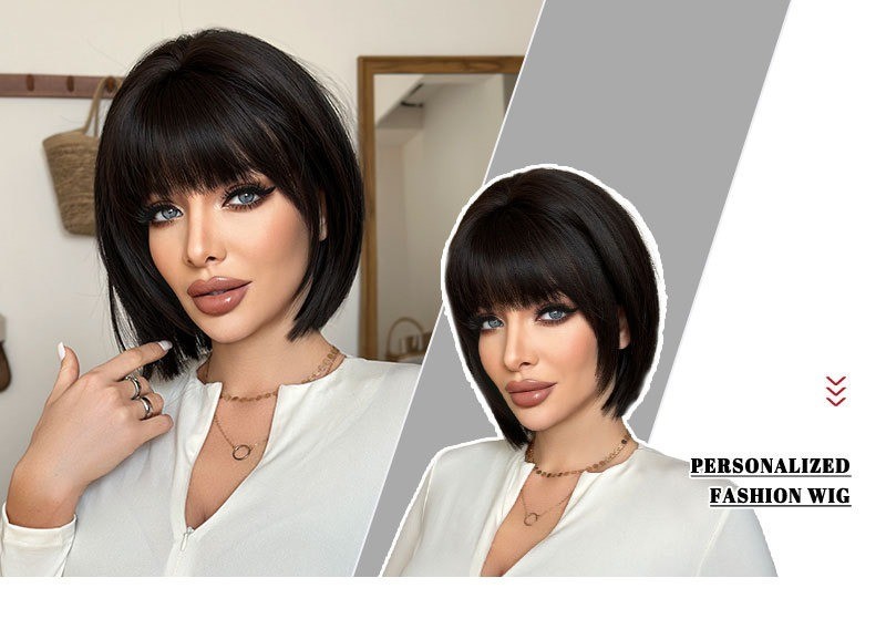 Black short hair wig with full head cover and pompadour hairstyle