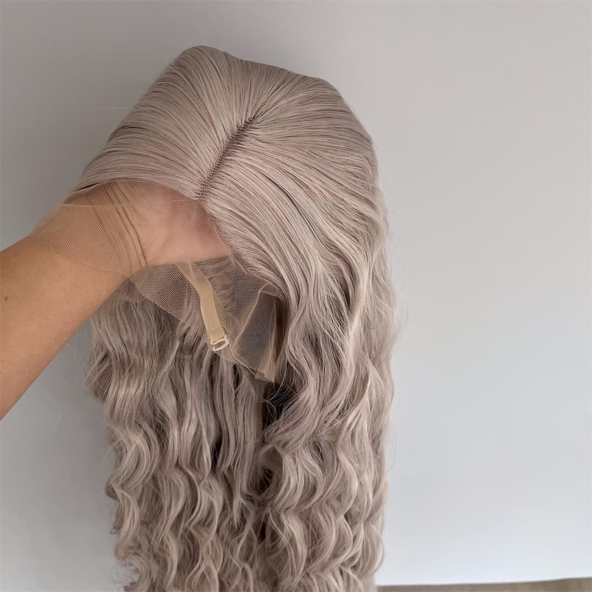 Natural Silver grey Long Wavy Glue Less T Lace Front Wig Synthetic Hair