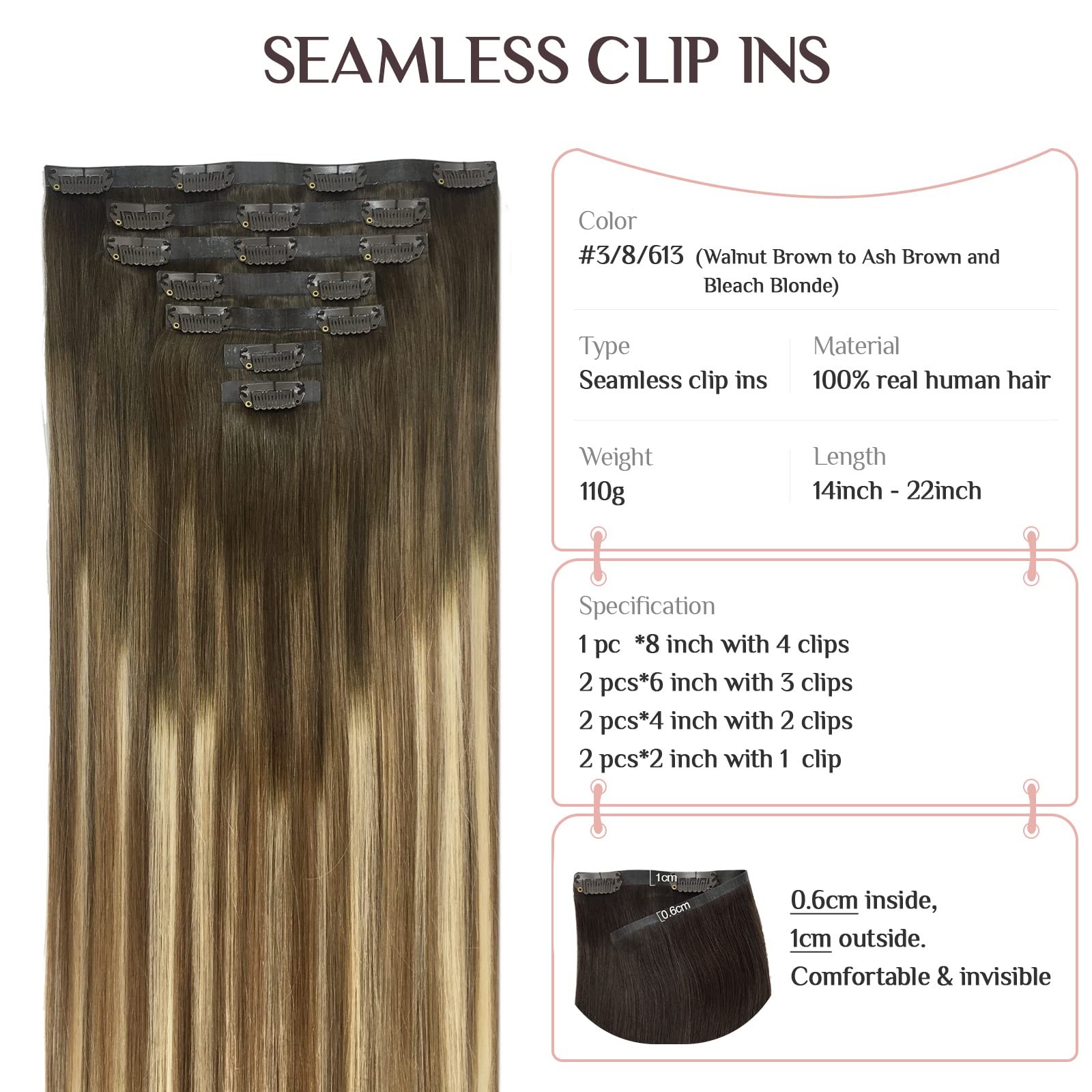 Seamless Hair Extensions Clip In 7Pcs 14 Inch 110G Balayage Walnut Brown To Ash