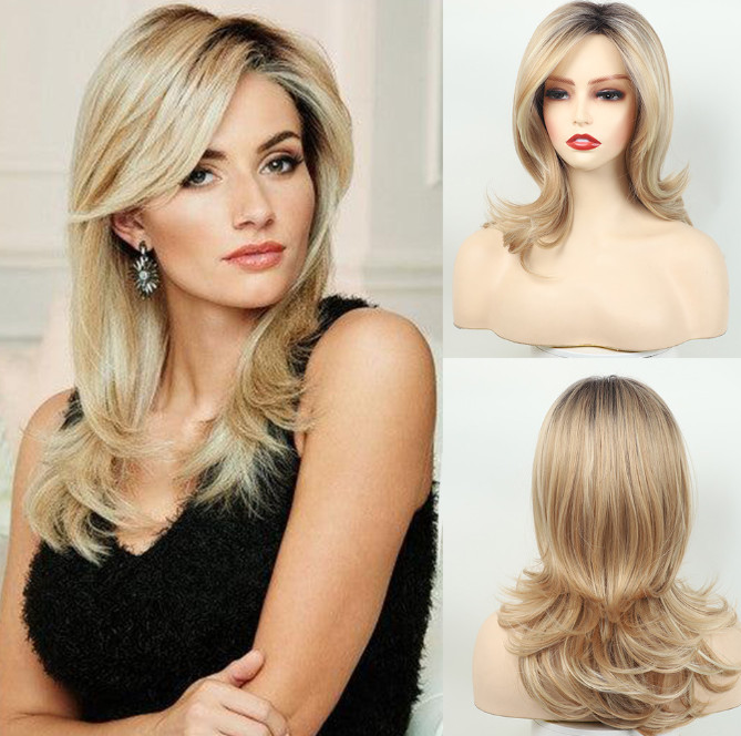 Long Wavy Rooted Honey Blonde Mix Synthetic Hair Wig Heat Ok Women Soft Natural