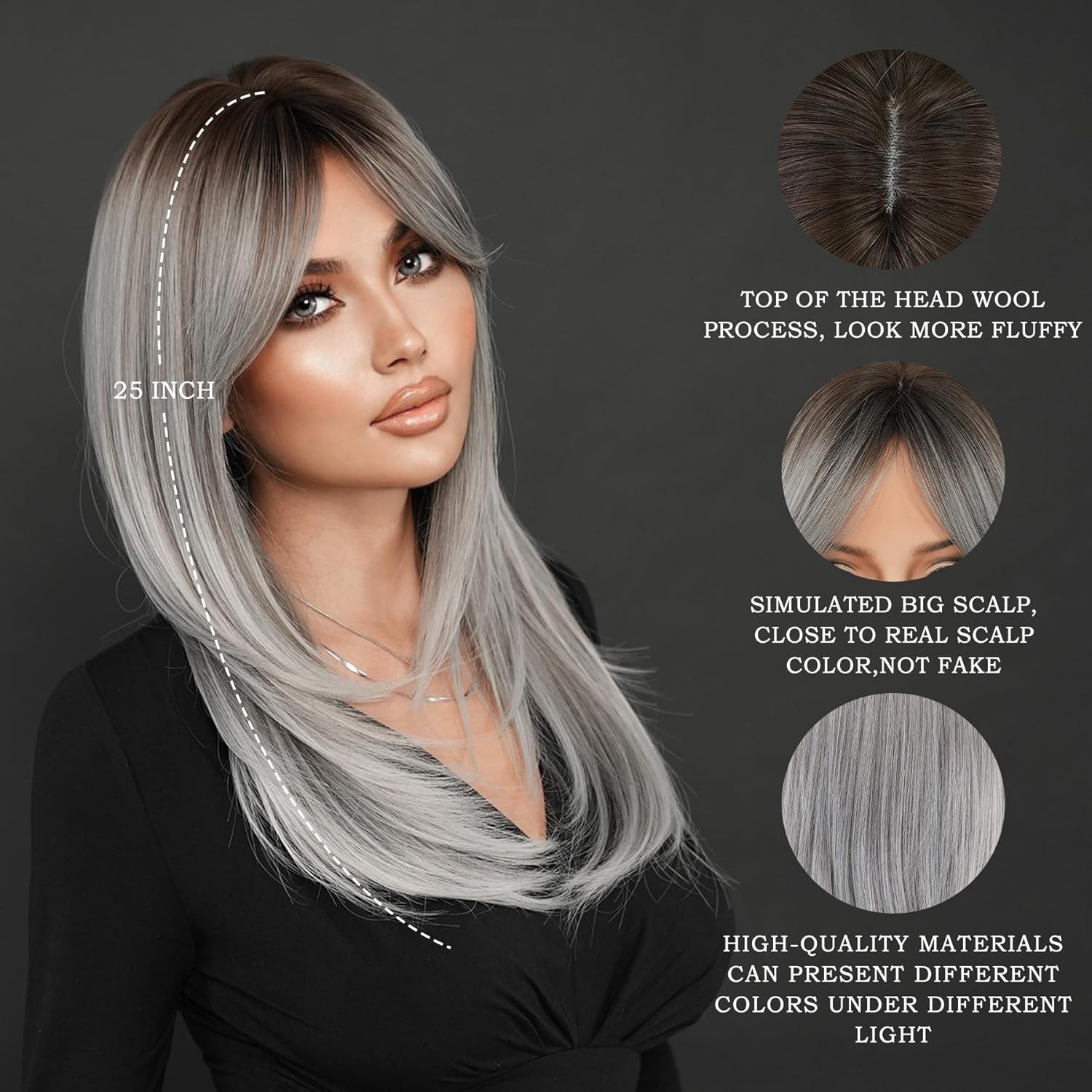 Ombre Gray Brown Tones Side Bangs Long Straight 25in Women Premium Hair Wig