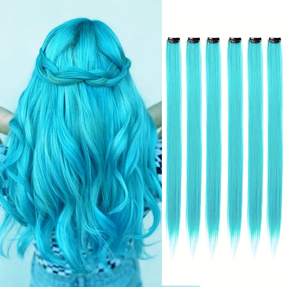 22 Inch Clip in Synthetic Hair Extensions Colored Straight Hairpieces Royal Blue
