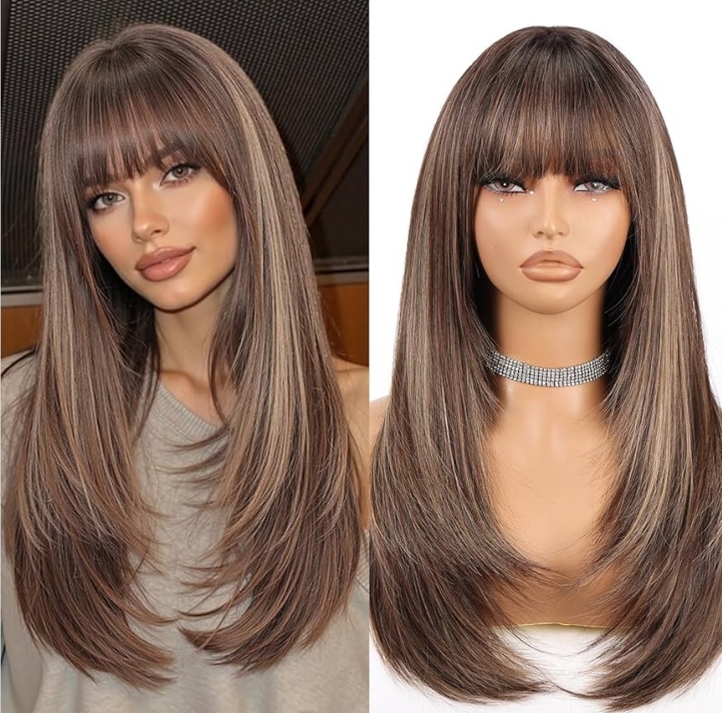 Wig – Human Hair Blend – Long Straight Layered Dark Brown Bangs Heat Resistant