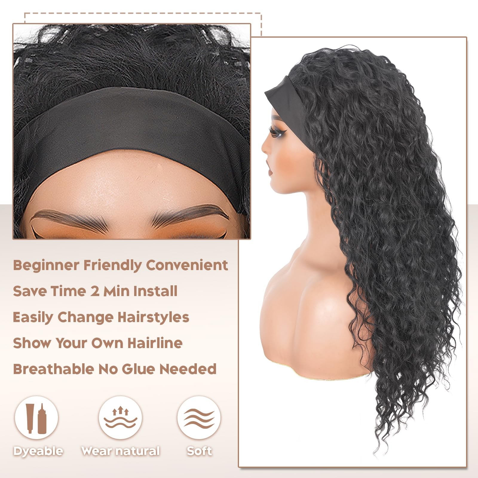 Curly Headband for , 20 Inch Wear and Go Glueless Wigs Deep Wave Half As Huma…