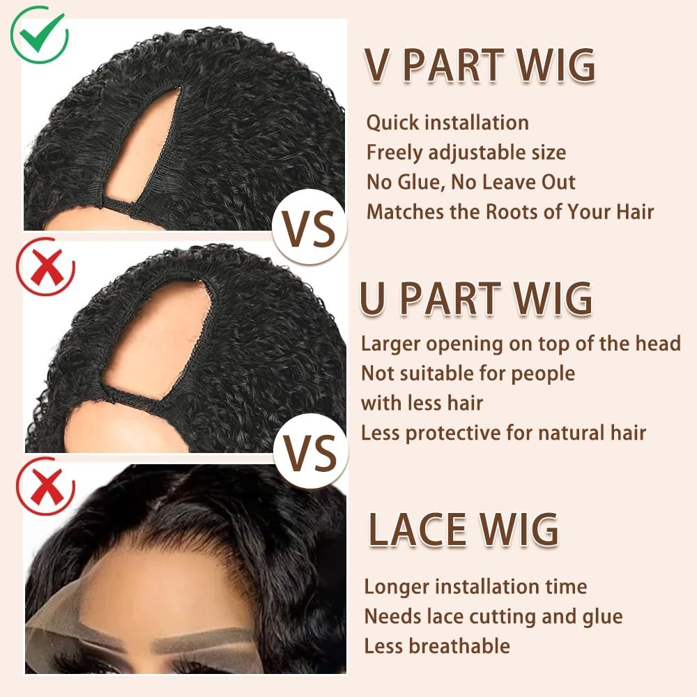 30 Inch V Part Curly Human Hair Wig – 200% Density, Glueless, Clip-In, No Leave