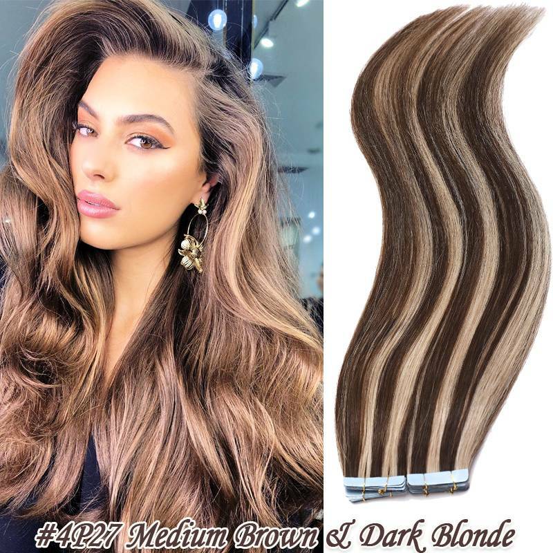 Adhesive Tape in Russian Human Remy Hair Extensions Invisible Skin Weft #18P613