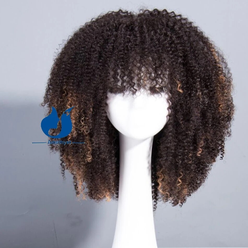 Blonde Highlight Afro Kinky Curly Wigs Human Hair With Bangs Coils Fake Scalp