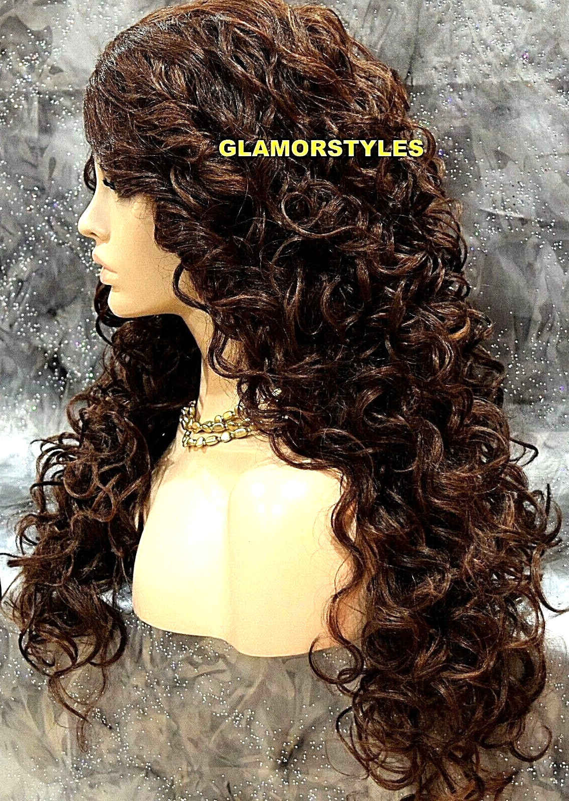 LACE FRONT FULL WIG LONG CURLY LAYERED SIDE PART BROWN AUBURN MIX HEAT OK NWT