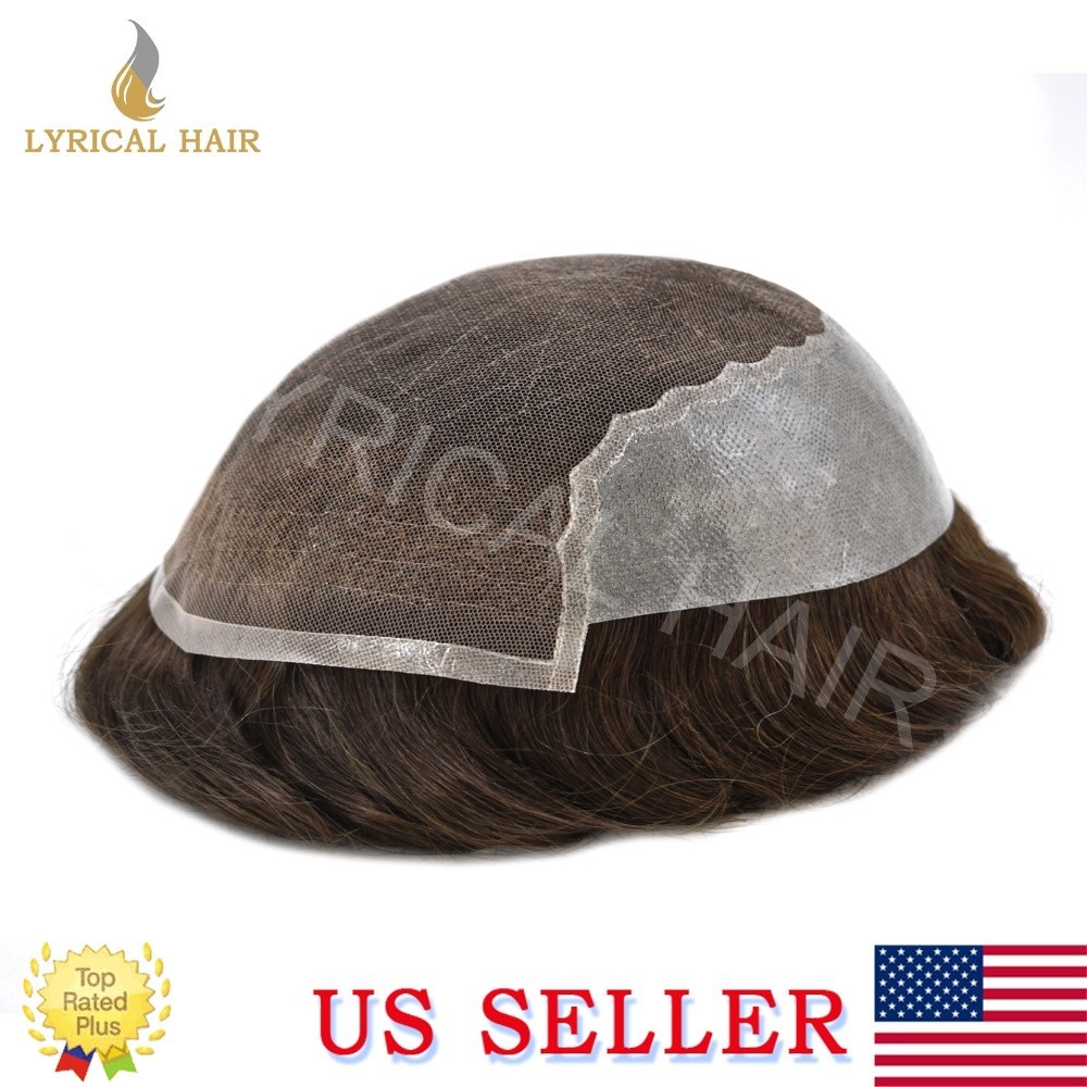 Swiss Lace Front Mens Toupee Human Hair Replacement System Skin PU Hairpiece Wig