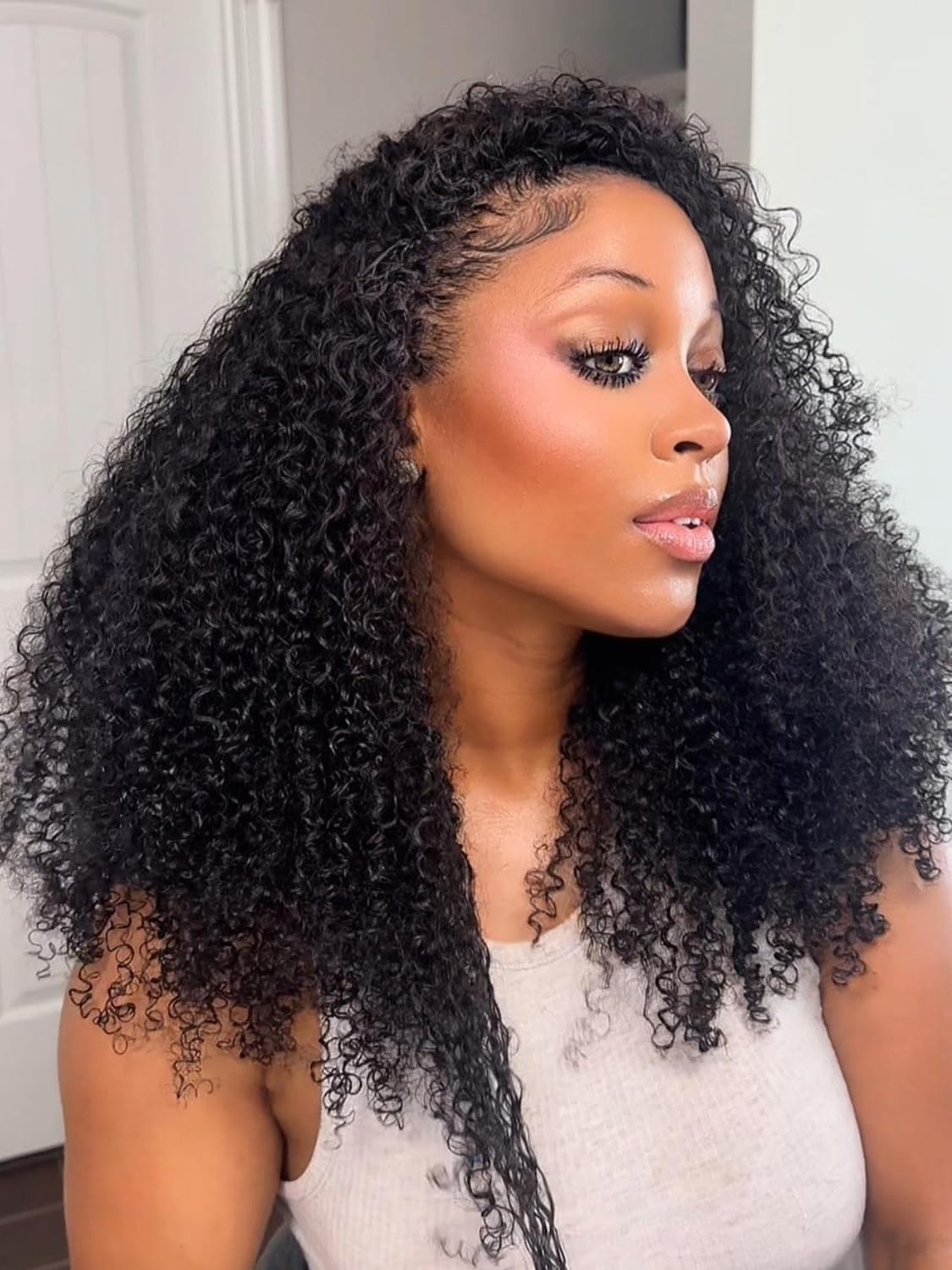 Half Wig Kinky Curl Human Hair Seamless Flip Glueless Wear and Go