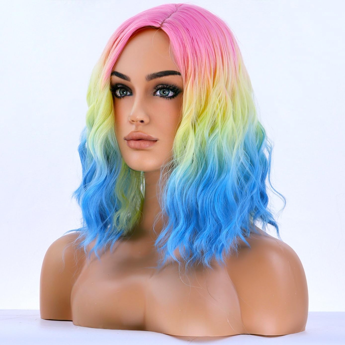 Rainbow Colored Wigs for Women Short Curly Wavy Girls Hair Wigs 14 Inch Ombre…