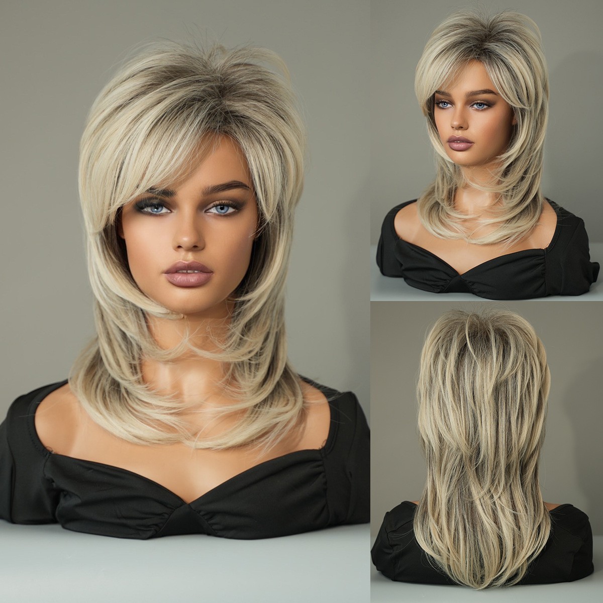 Retro 70s Mottled Grey Layered Shoulder Length Wig High Temperature Fiber