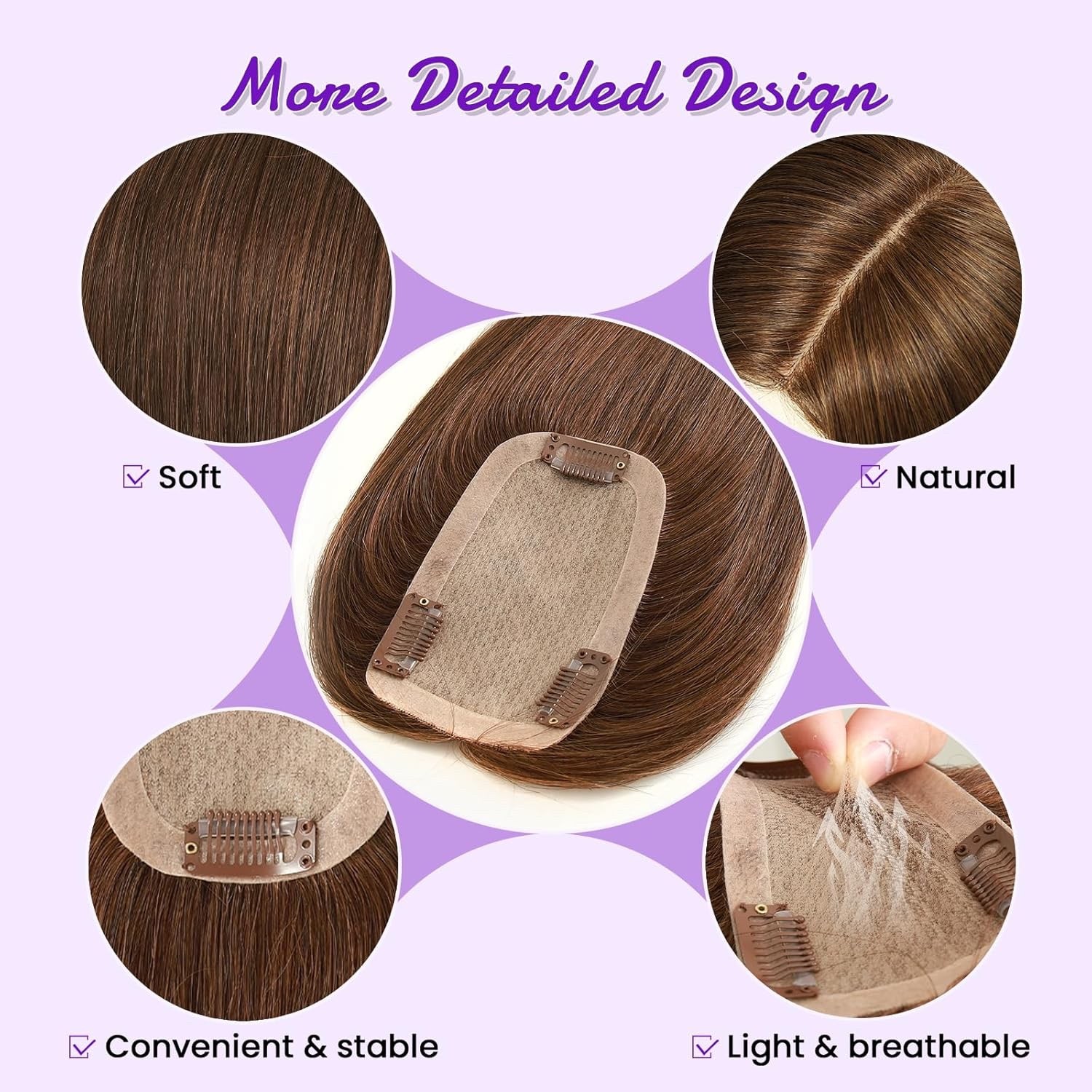 ROSELOVER 100% Real Human Hair 10” Clip In Topper Mono Base Dark Brown NEW