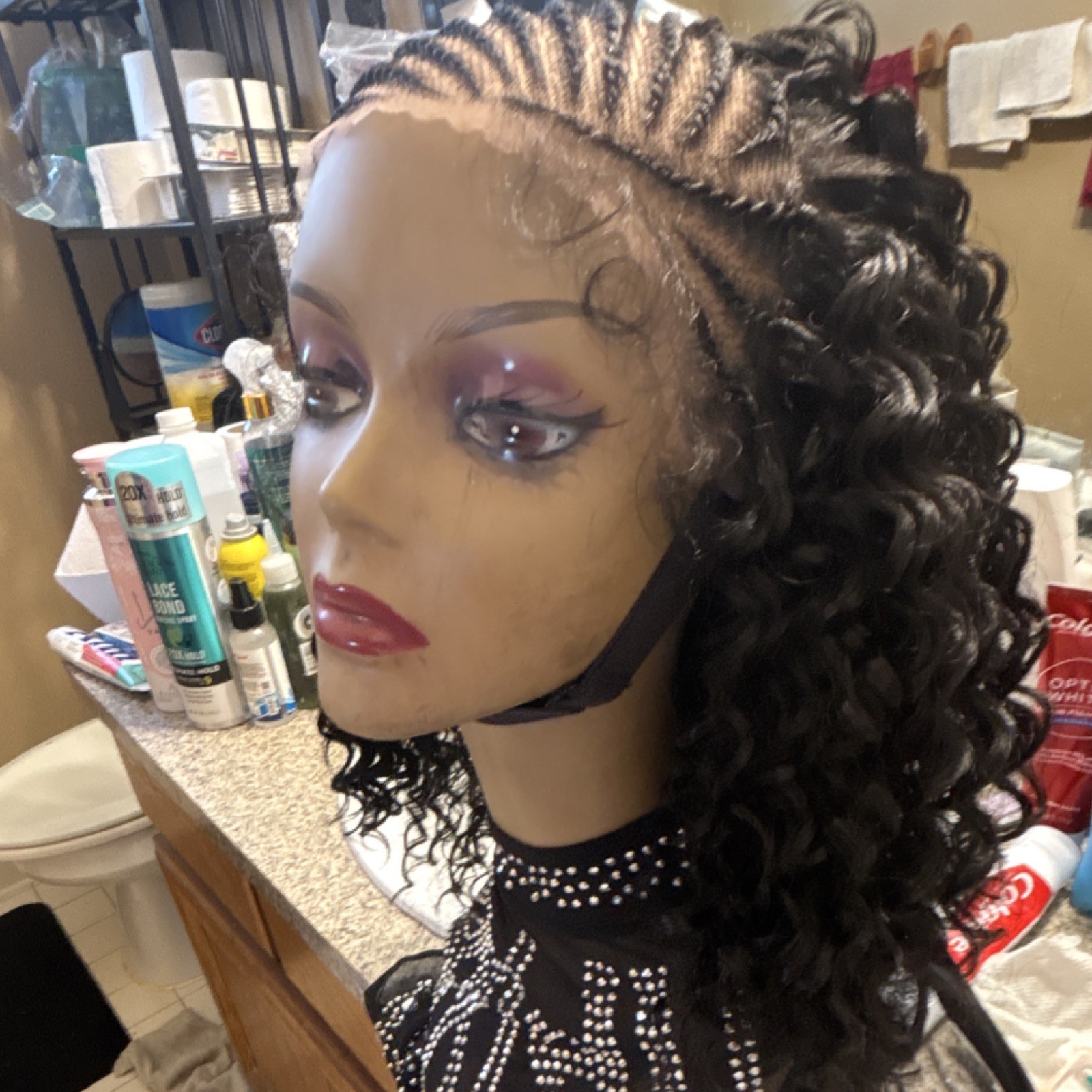 Braided Curly Lace Front 12 inch Human Hair Wig Medium Color 1b