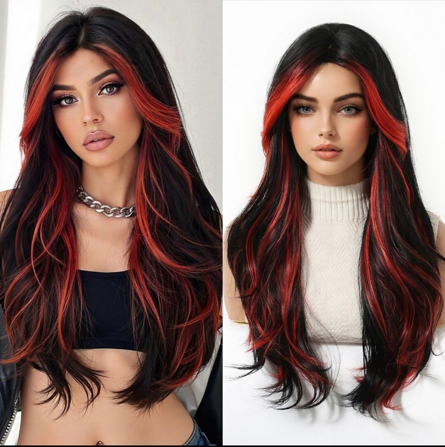 Natural Black Long Wavy Rose Pink Highlight Wigs with Curtain Bangs Natural Part