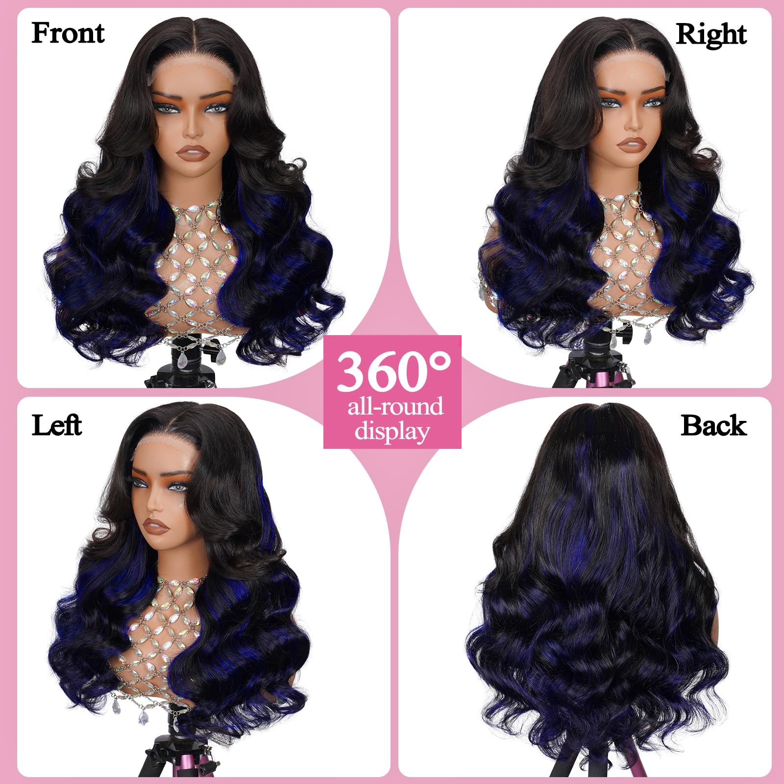 Dliliboon 180 Density Black Highlights Blue 5X5 Lace Front Human Hair Wigs For