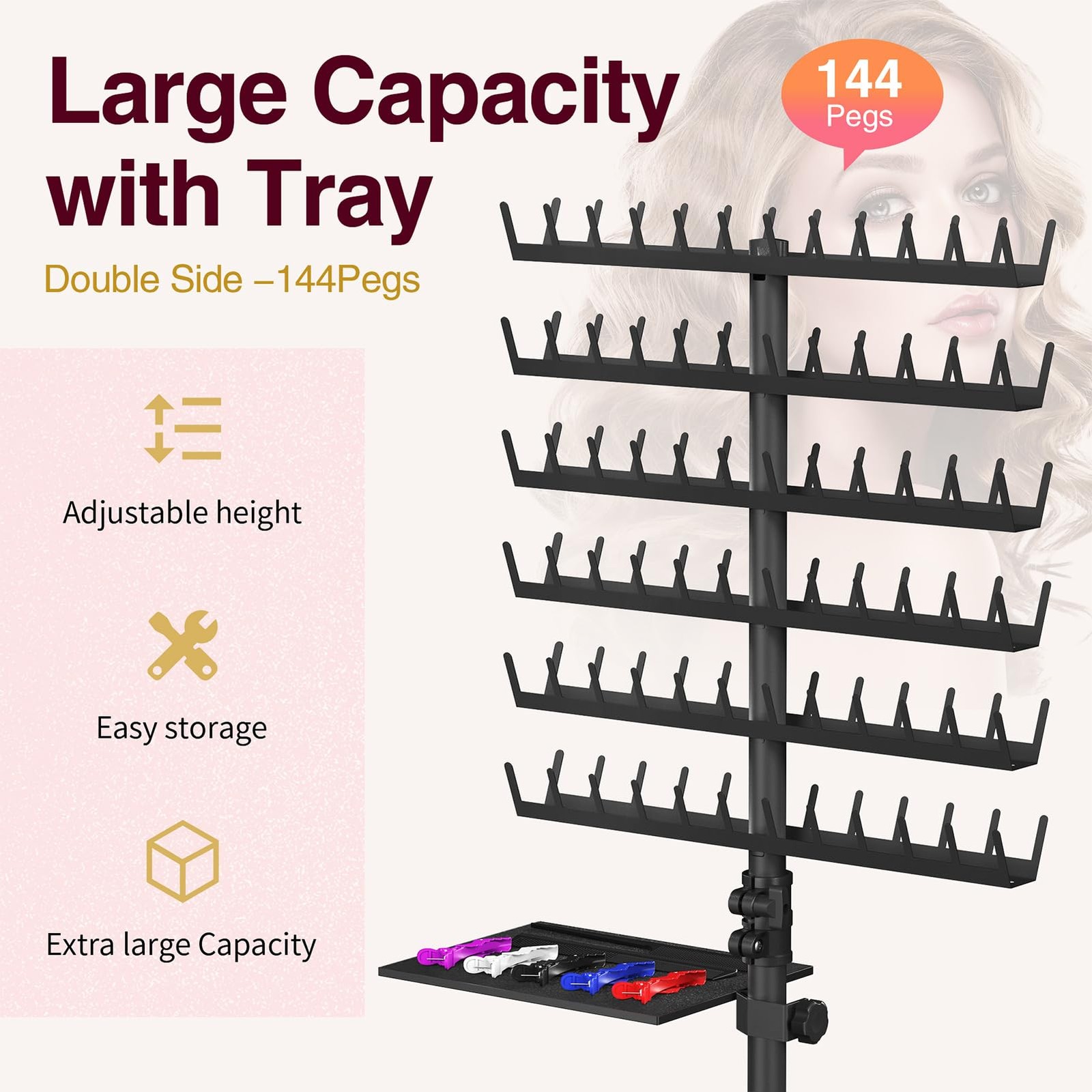 Braiding Hair Rack with Tray, 2-sided 144 Pegs, Heavy Duty Braiding Rack Stan…