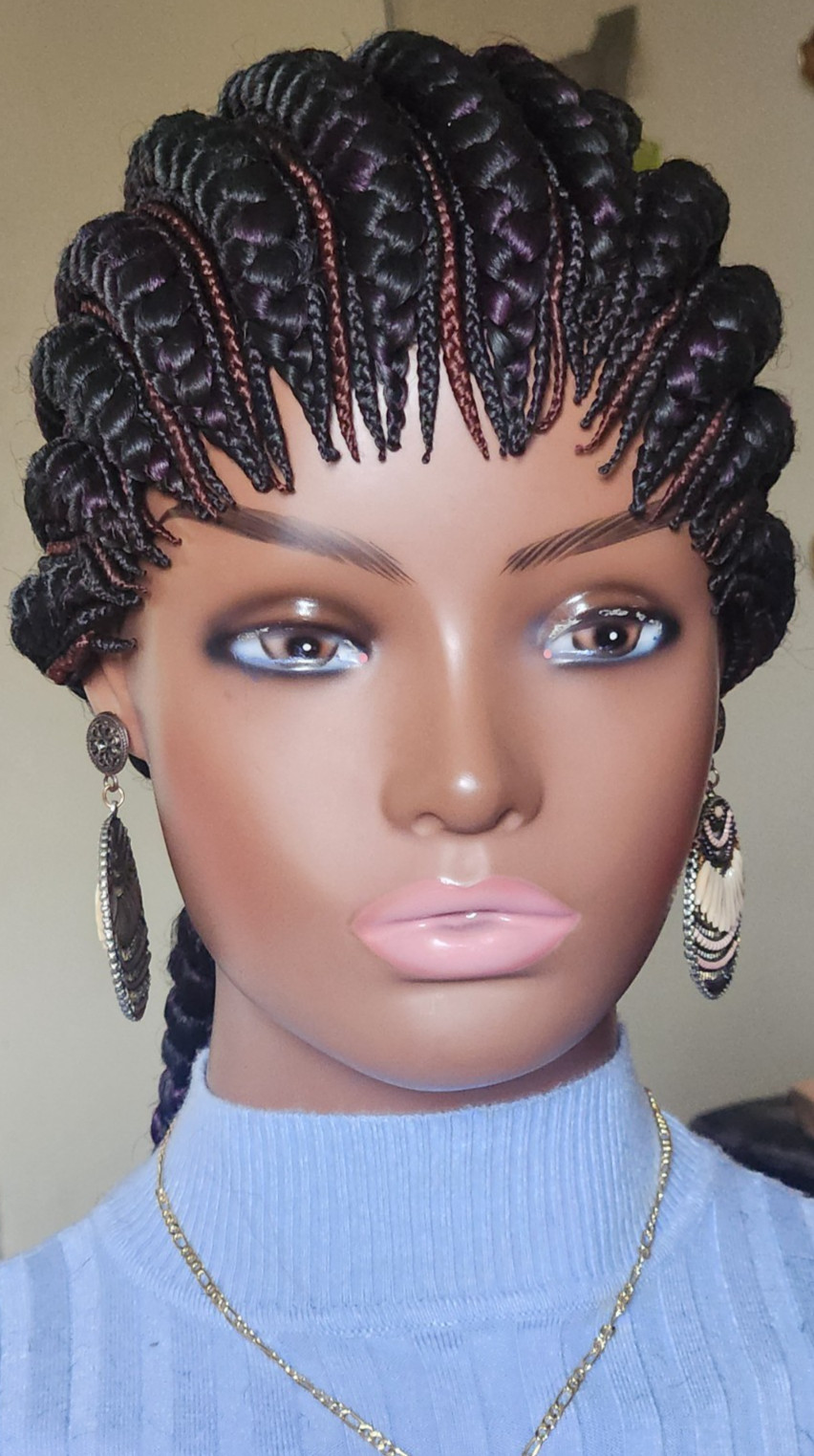 Fully hand braided Ghana banana cornrows wig Paka 1B mix dark purple/dark drown
