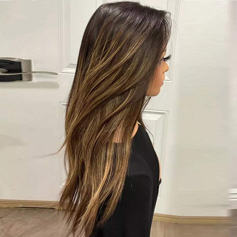 Ombre Caramel Brown Highlights 13×4 Lace Front Remy Human Hair Wigs Balayage