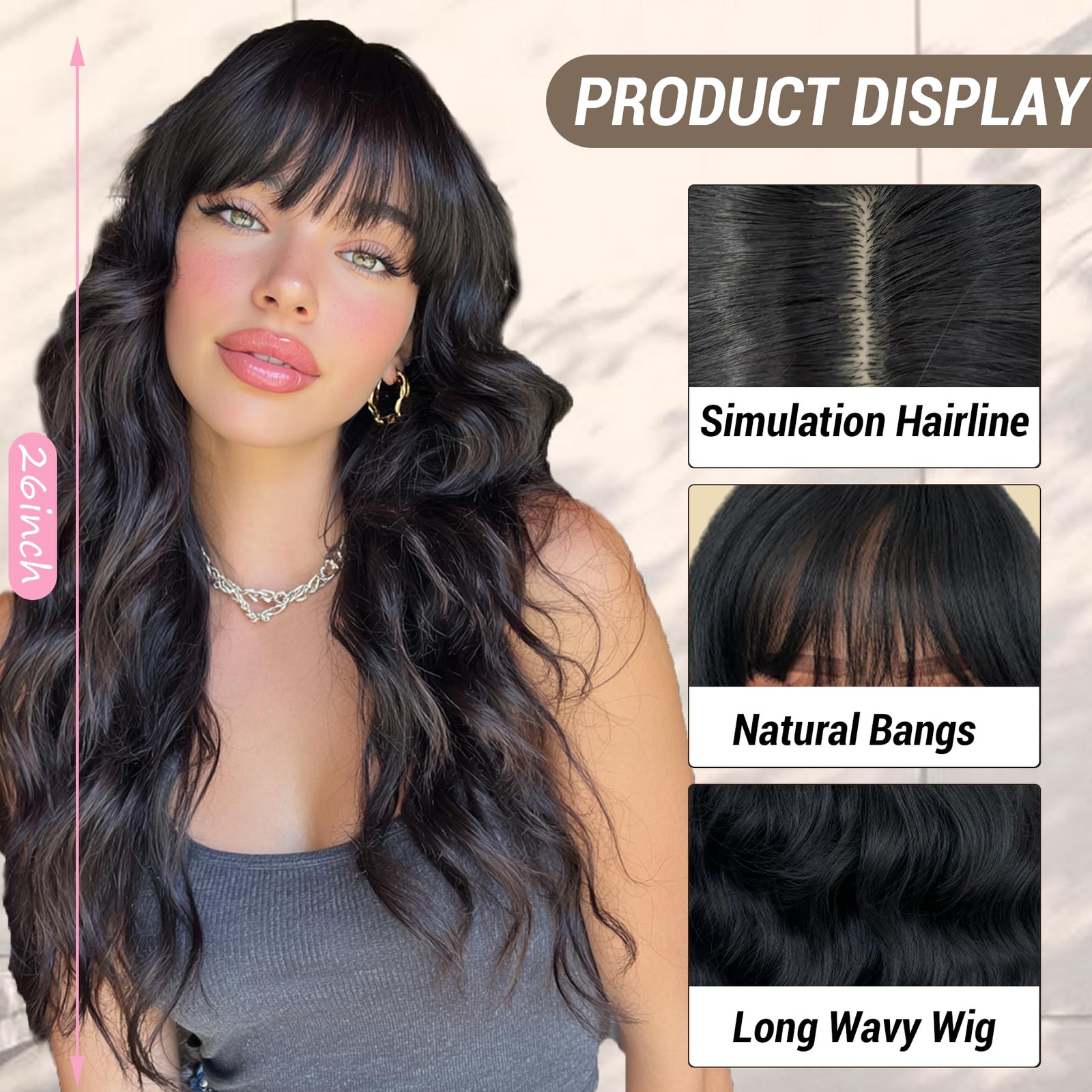 Black Wig with Bangs Long Black Wavy Wigs for Women 26 Inch Long Synthetic Wi…