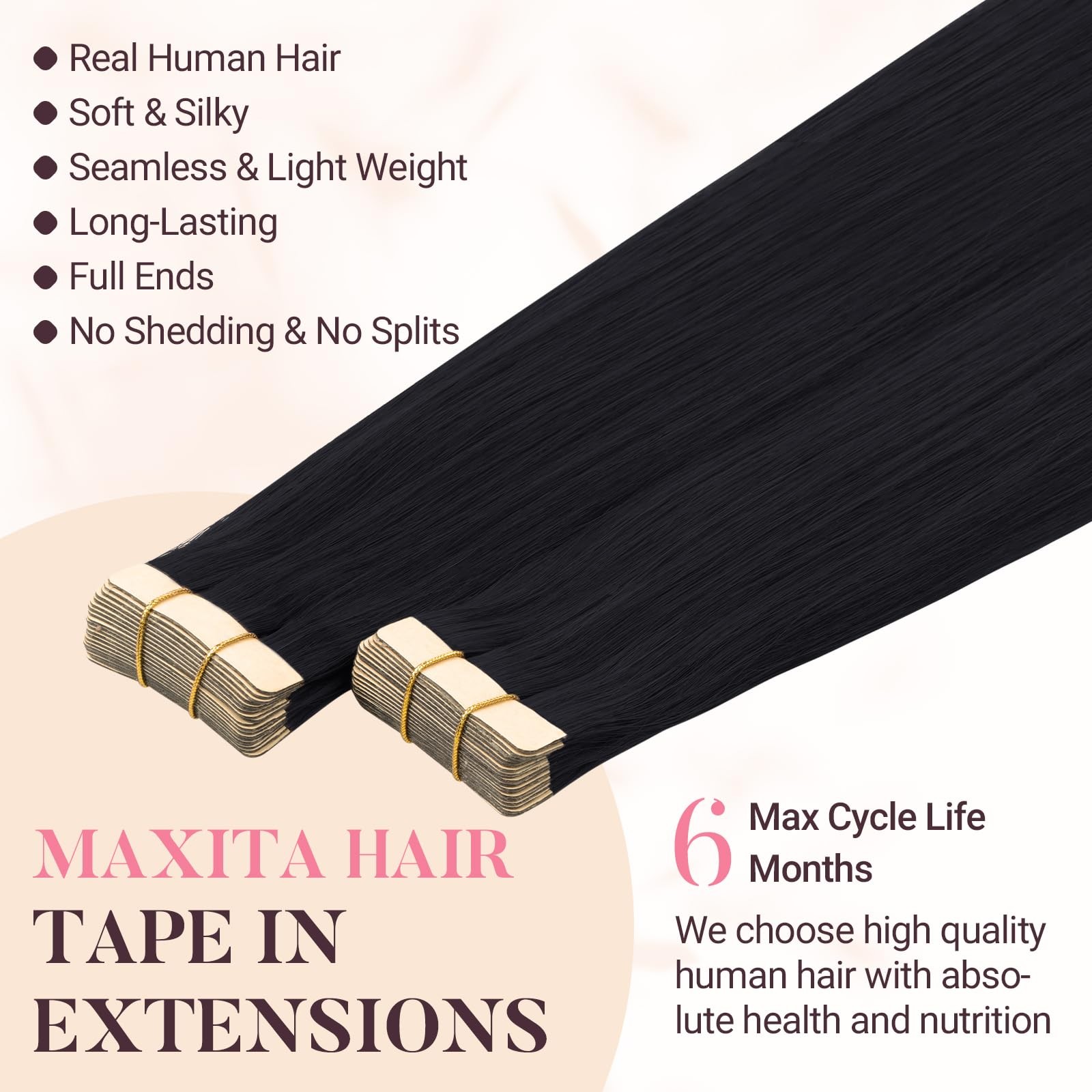 Maxita Tape In Hair Extensions Human Hair Jet Black 14 Inch 25G 10Pcs Remy