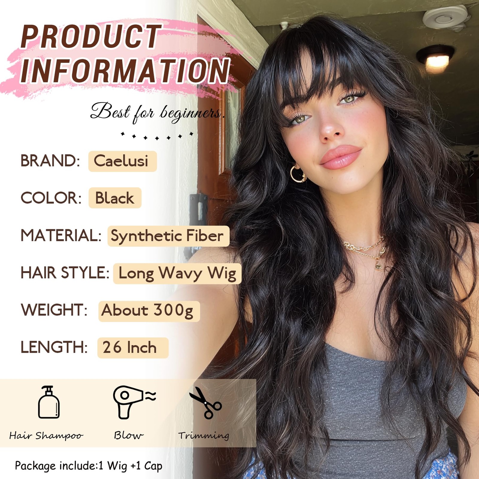Black Wig with Bangs Long Black Wavy Wigs for Women 26 Inch Long Synthetic Wi…