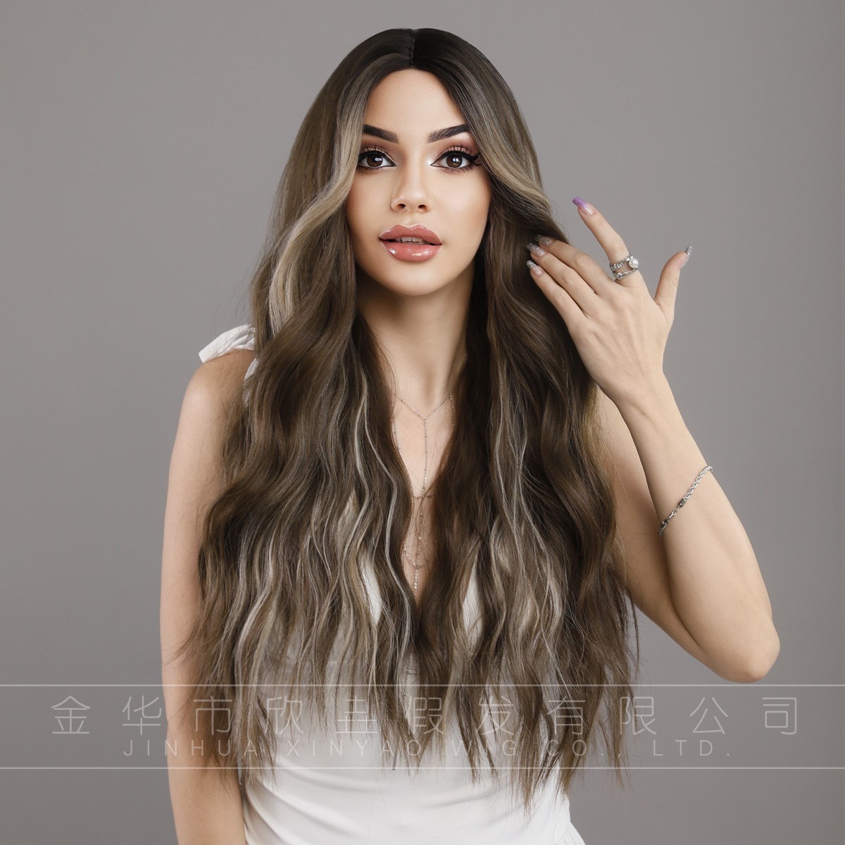 Middle Part Long Wavy Wig with Brown Highlights High Temperature Fiber