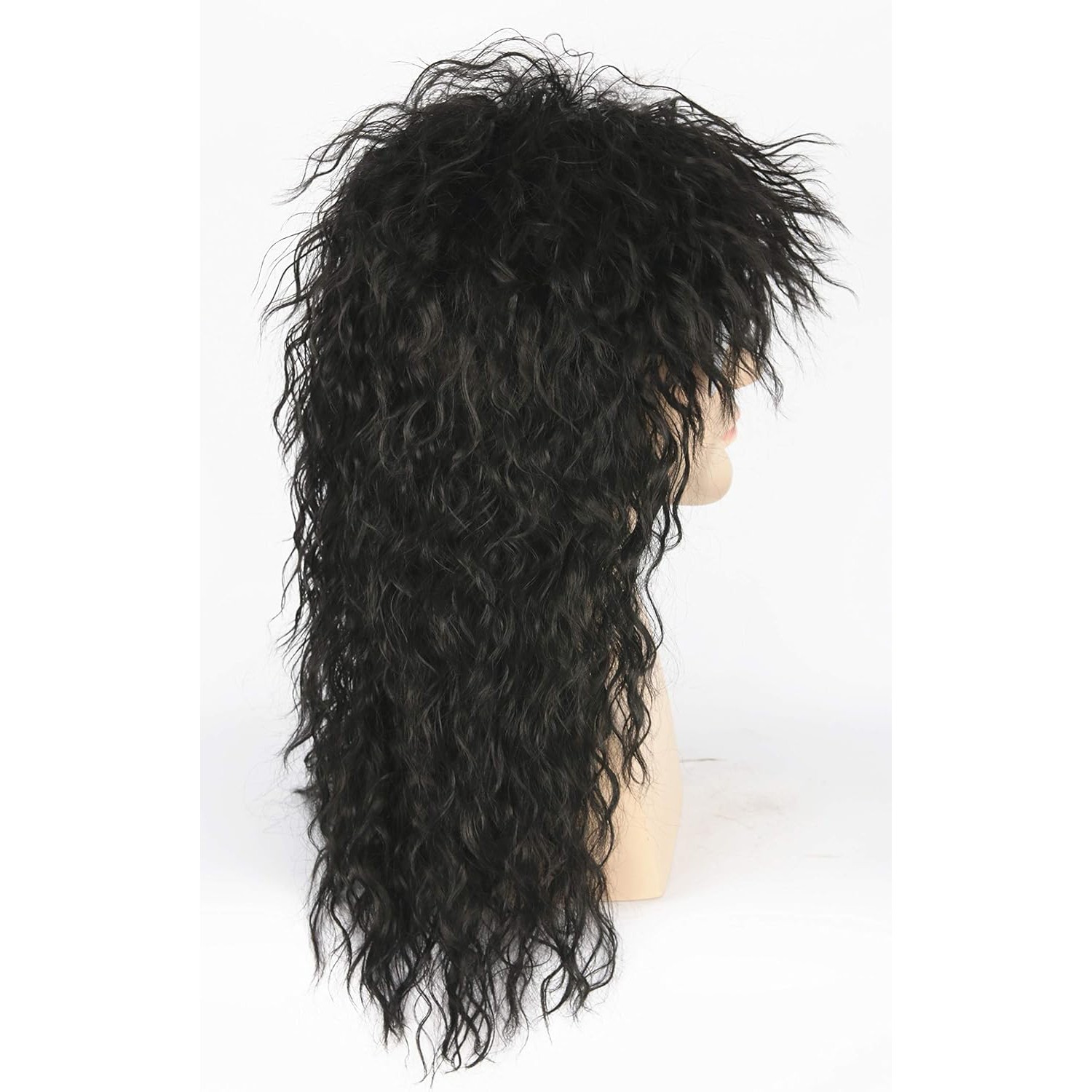 Men’s 80s Black Mullet Wigs Long Curly Black Rocker Metal Mullet Wig Party Gifts