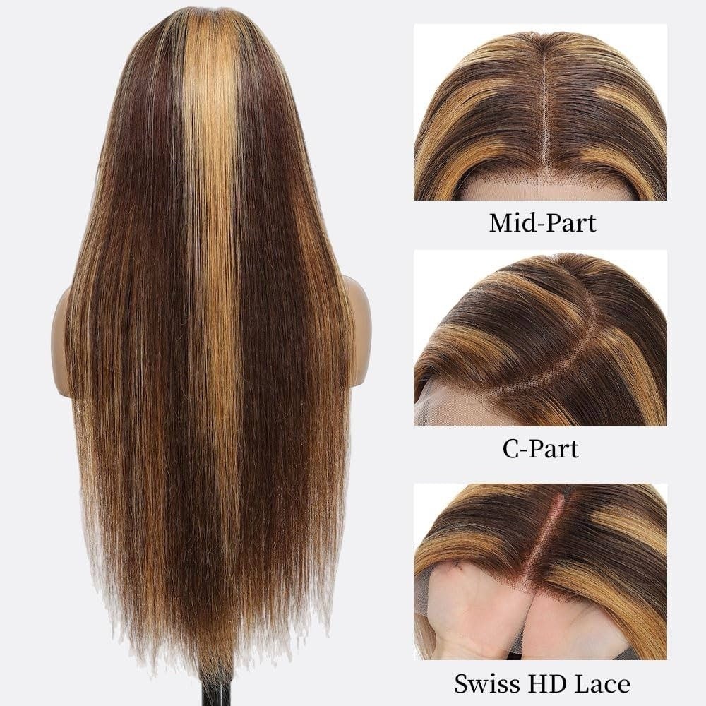 4/27 Ombre Lace Front Wig 200 Density 30” Virgin Hair Highlights Straight 13/6