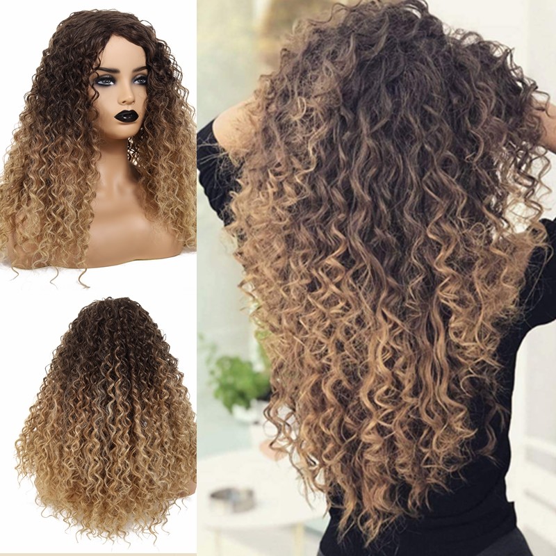 Long Afro Kinky Curly Wig Synthetic Hair Wigs W Ombre Black & Brown Mix Blonde
