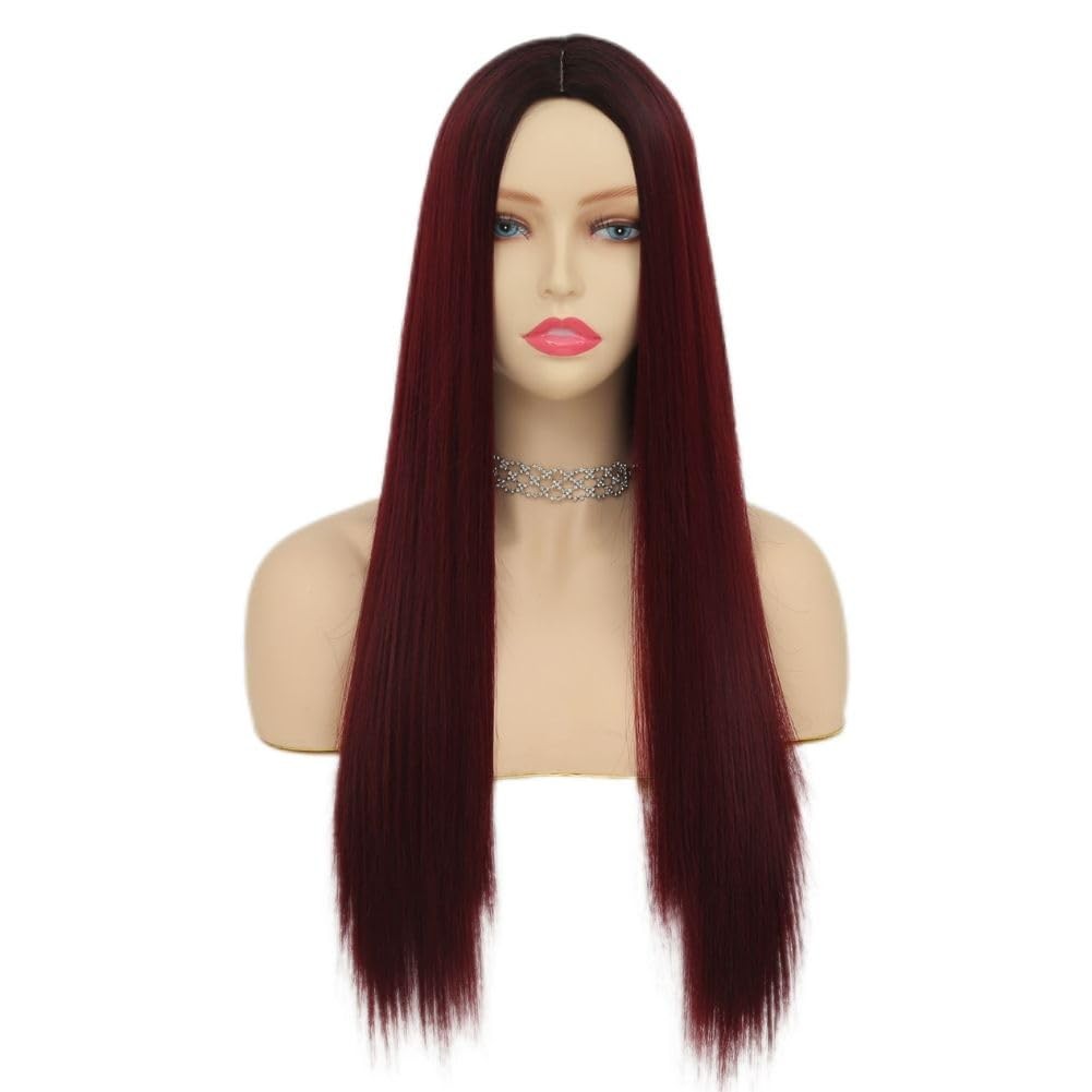 Red Long Straight Wigs for Women Dark Roots Burgundy Wig Halloween Daily Synt…