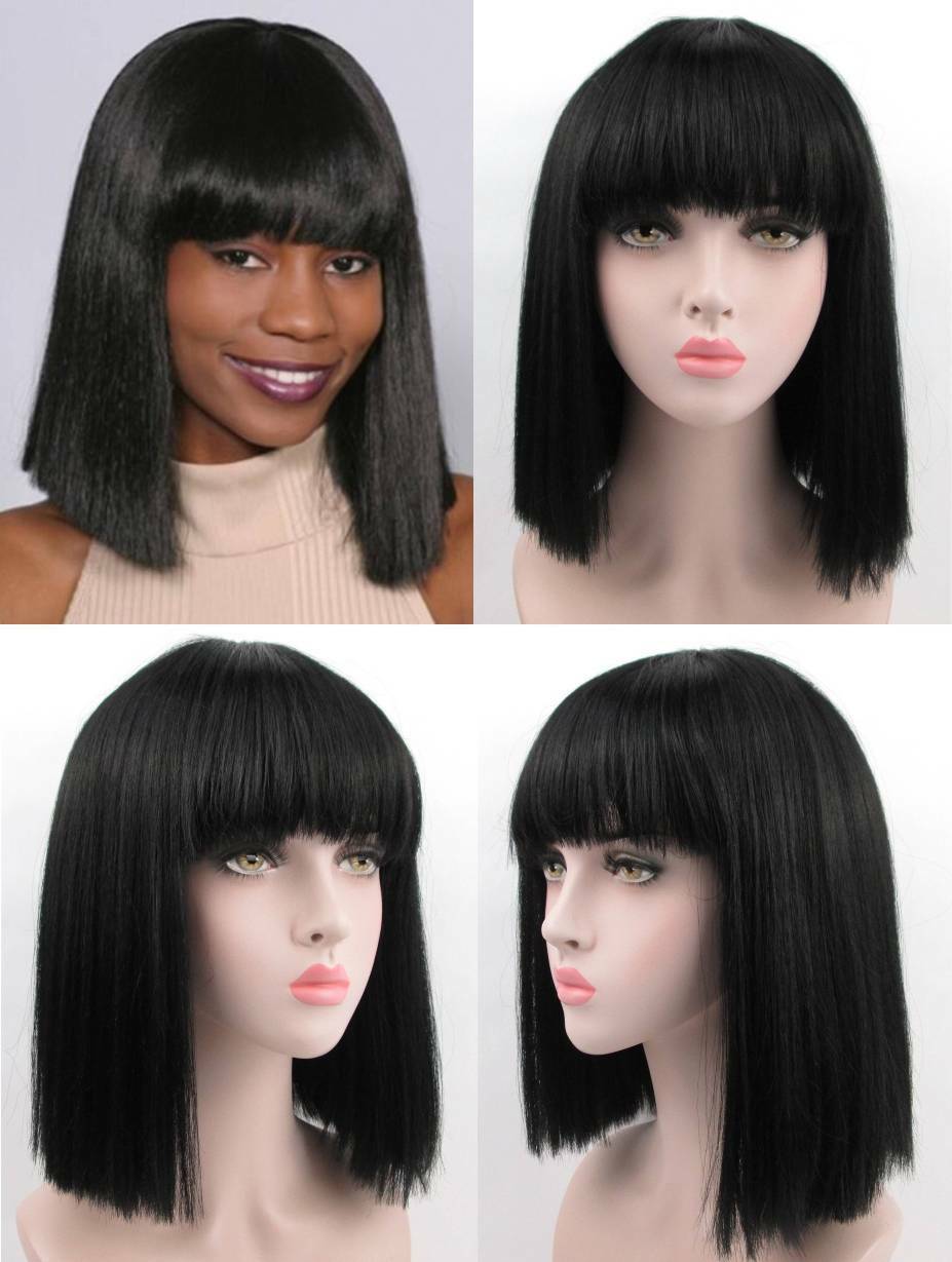 WOMEN CLASSIC CLEOPATRA STYLE 14″ STRAIGHT HAIR WIG W/ FULL BANGS SKIN TOP NIDA