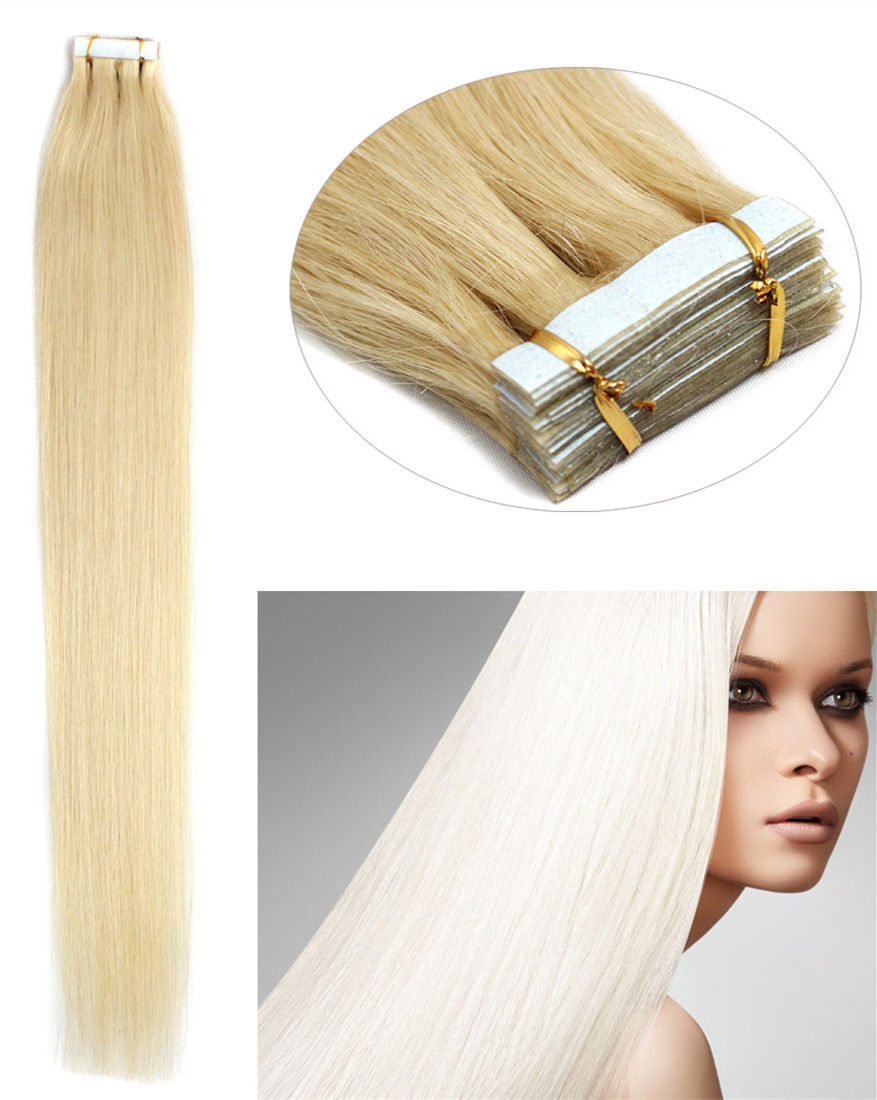 Tape in Human Hair Extensions 613 Light Blonde PU Skin Weft 20 inch 40pcs 100G
