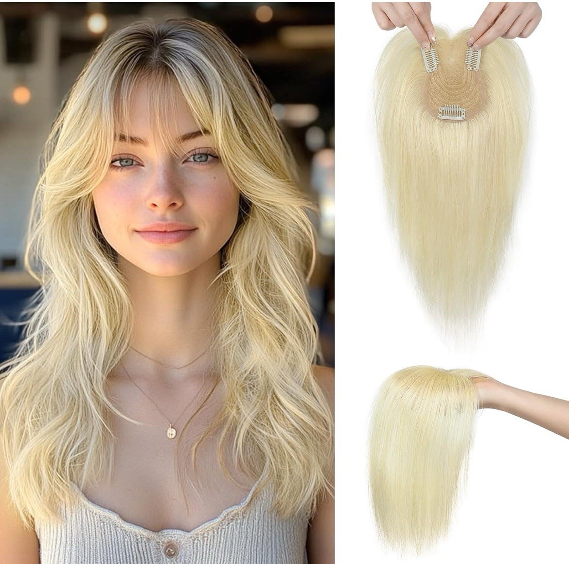 Real Human Hair, 10″ Clip in Bangs Hand-tied Base Natural Realistic Blonde