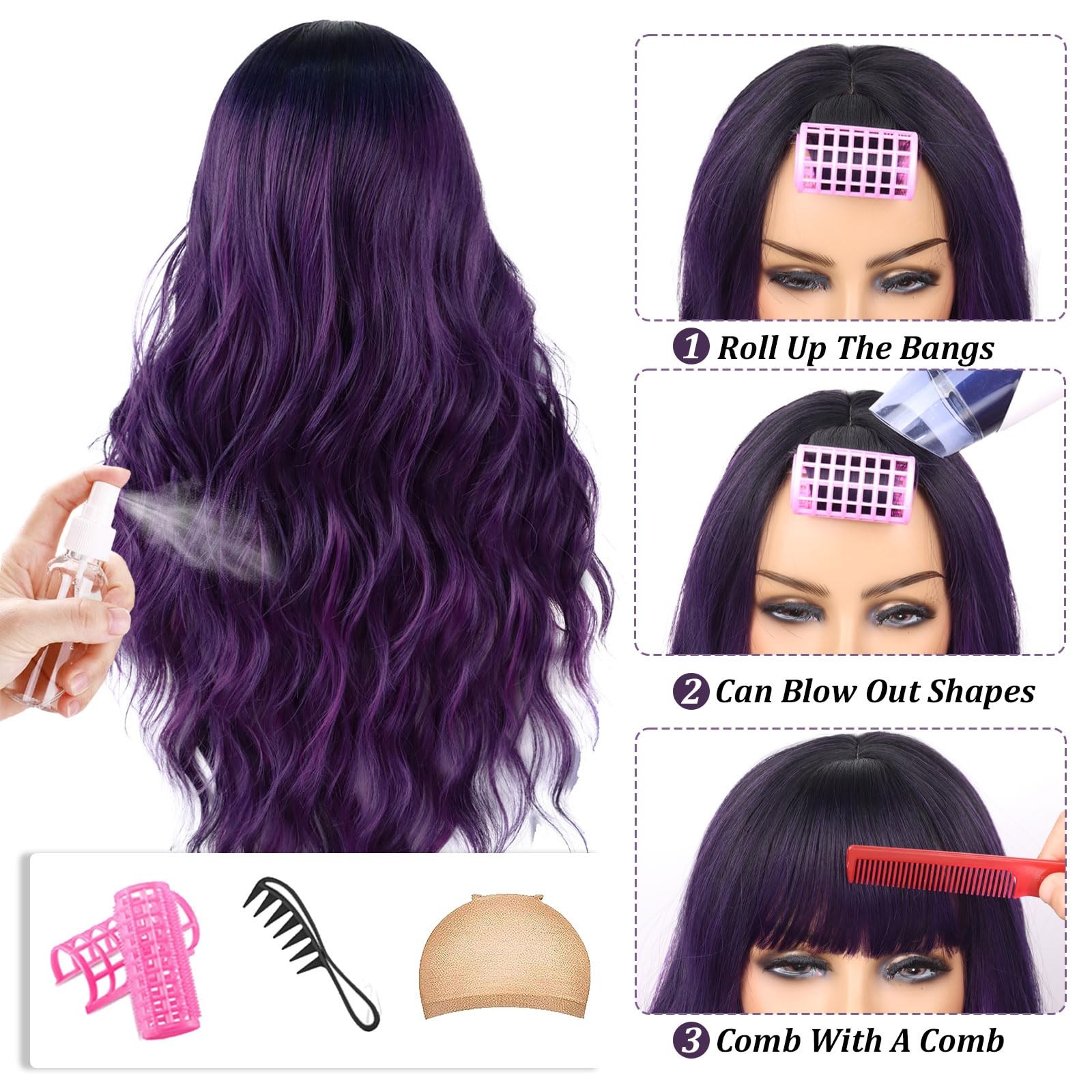 Purple Wig With Bangs Black and Purple Wigs for Women Long Curly Wavy Wig wit…
