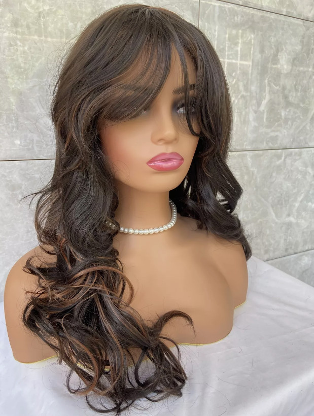 Heat OK Wavy Curly Long hair blend full Wig Brown mix Bangs Layered