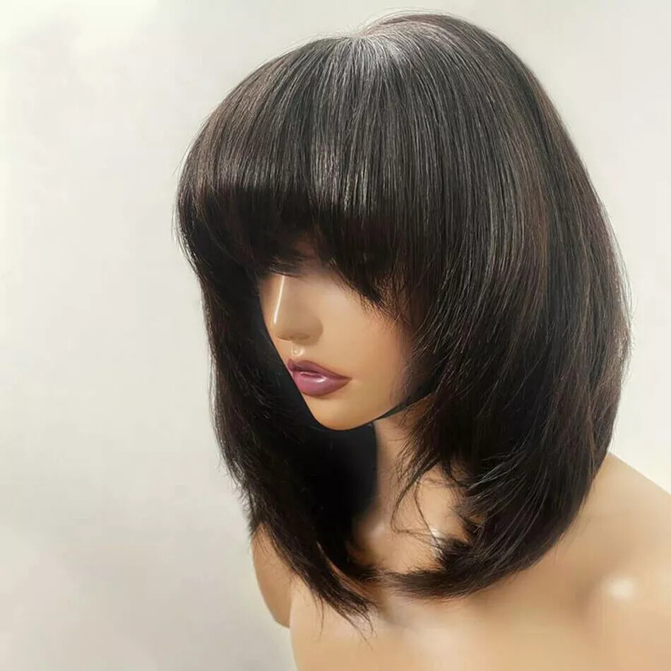 200 Density Short Full Wigs Black Brazilian Remy Layered Bob Human Hair Glueless